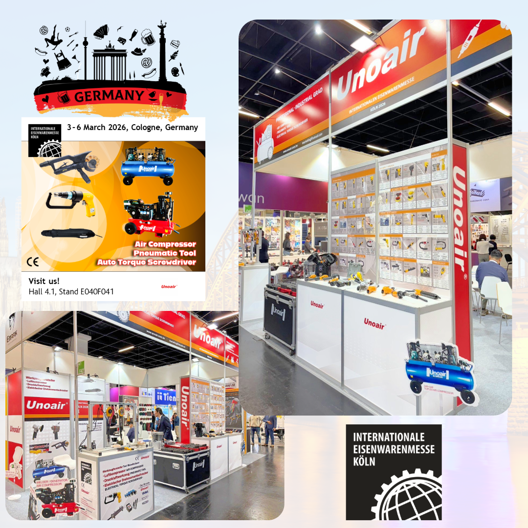 unoair pneumatic tool air compressor electrical torque screwdriver altas copco black decker milwaukee stanley snap on ingersoll rand schulz quincy japan usa taiwan EISENWARENMESSE Koln